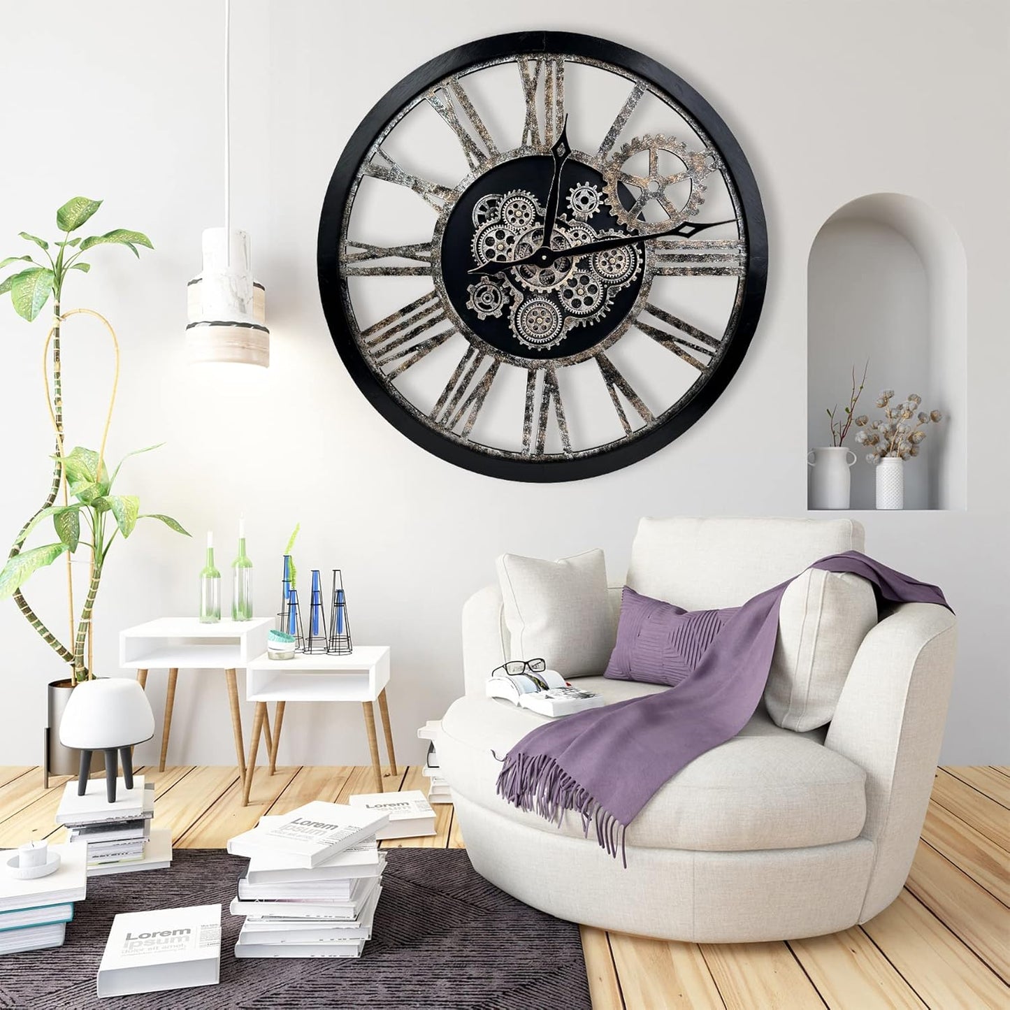 The B-Style 36" Large Moving Gear Wall Clock Oversized Vintage Farmhouse Wall Clocks for Living Room Decor Rustic Industrial Wood Clock (Black and Bronze)