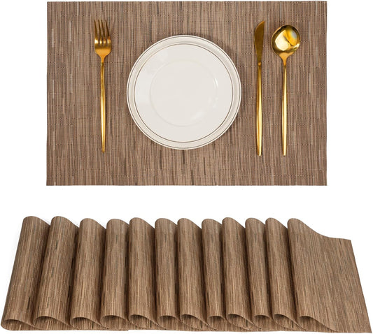 Placemats Set of 12，Non-Slip PVC Weave Table Mats Easy to Clean，Heat Resistant Place Mats for Kitchen Dining Table Decoration Indoor Outdoor，Light Brown